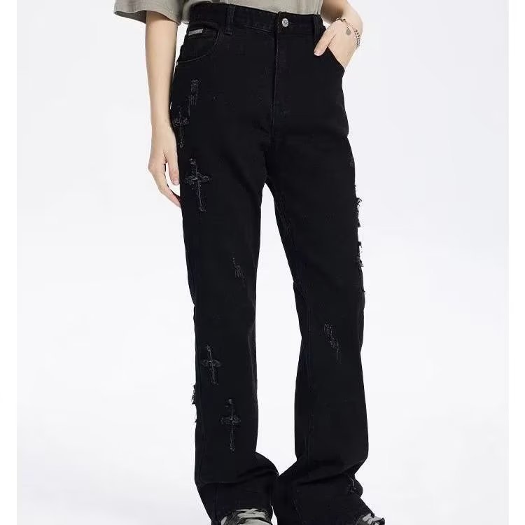 Patch Cross Star Washed American High Street Jeans Men's Loose Straight Embroidered Pants Men Patch Cross Star Washed American High Street Jeans Men's Loose Straight Embroidered Pants Men