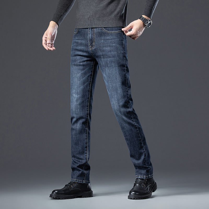 Fleece Padded Jeans Men's Straight Slim Elastic Thickening Fleece Padded Jeans Men's Straight Slim Elastic Thickening