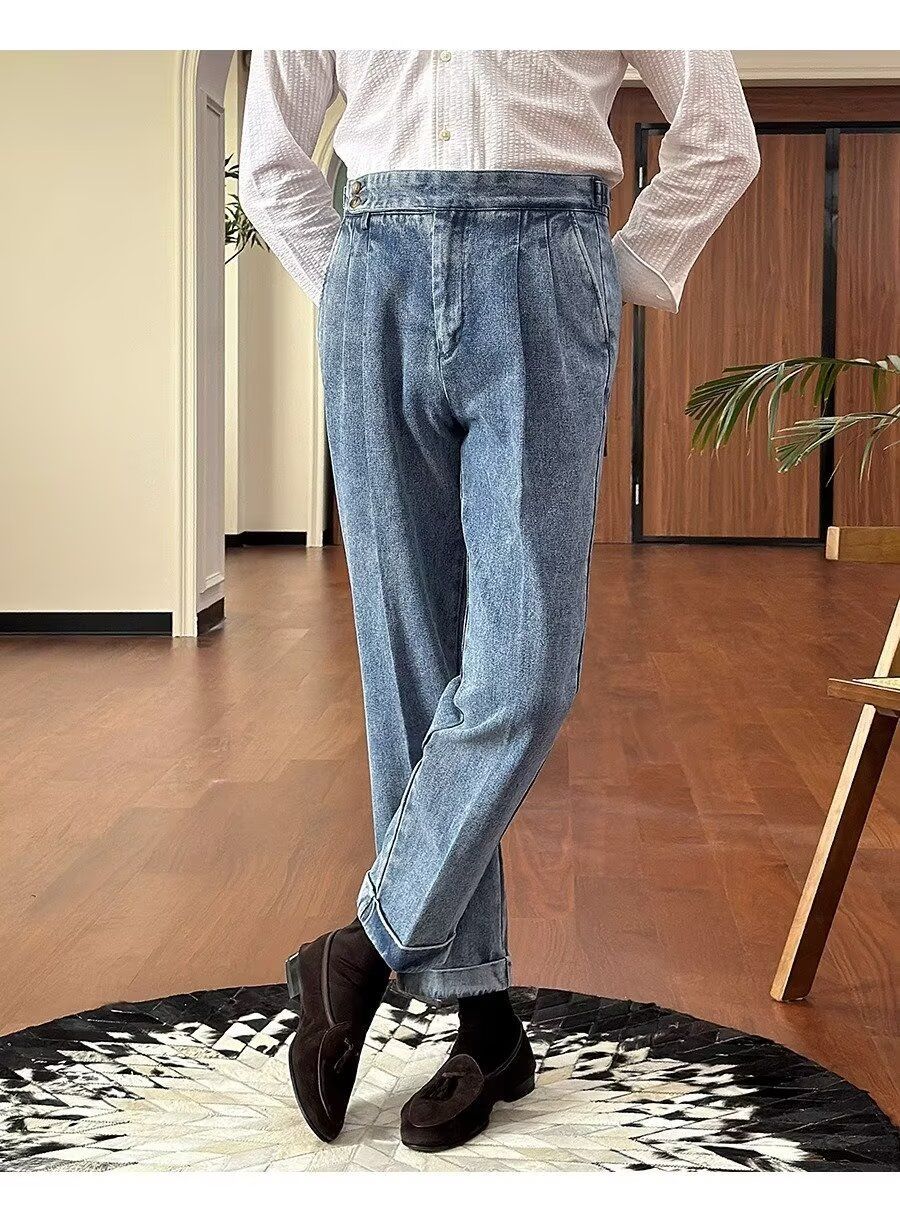 British High Waist Men's Italian Business Denim Curling Suit Pants British High Waist Men's Italian Business Denim Curling Suit Pants