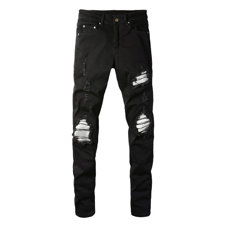 European And American Men's Slim-fit Ripped Silver Patch Jeans European And American Men's Slim-fit Ripped Silver Patch Jeans