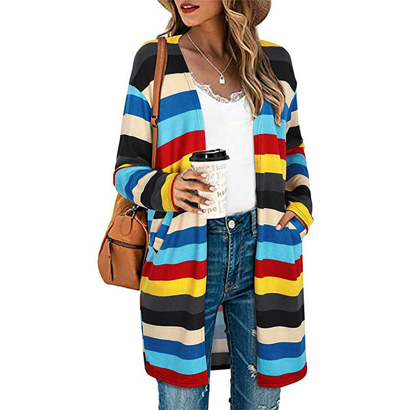 European And American Women's Jackets Striped Print Women's Cardigan Top European And American Women's Jackets Striped Print Women's Cardigan Top