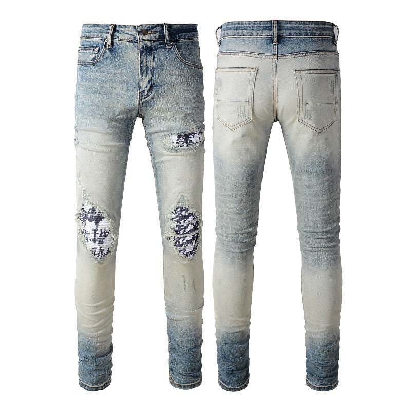 American High Street Fashionable Men's Ripped Black And White Patch Jeans American High Street Fashionable Men's Ripped Black And White Patch Jeans
