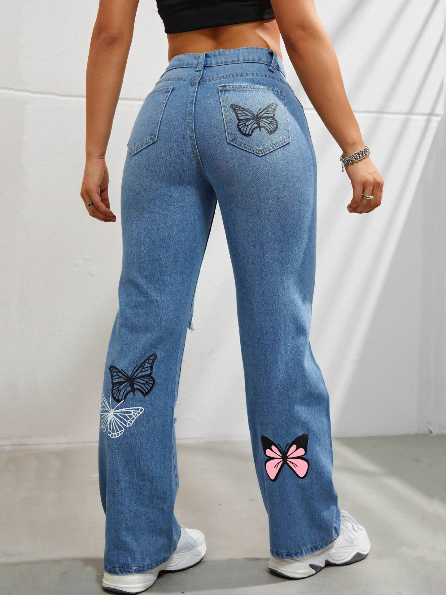 High Waisted Straight Leg Jeans For Women Trendy Butterfly Print Ripped Distressed Denim Pants High Waisted Straight Leg Jeans For Women Trendy Butterfly Print Ripped Distressed Denim Pants