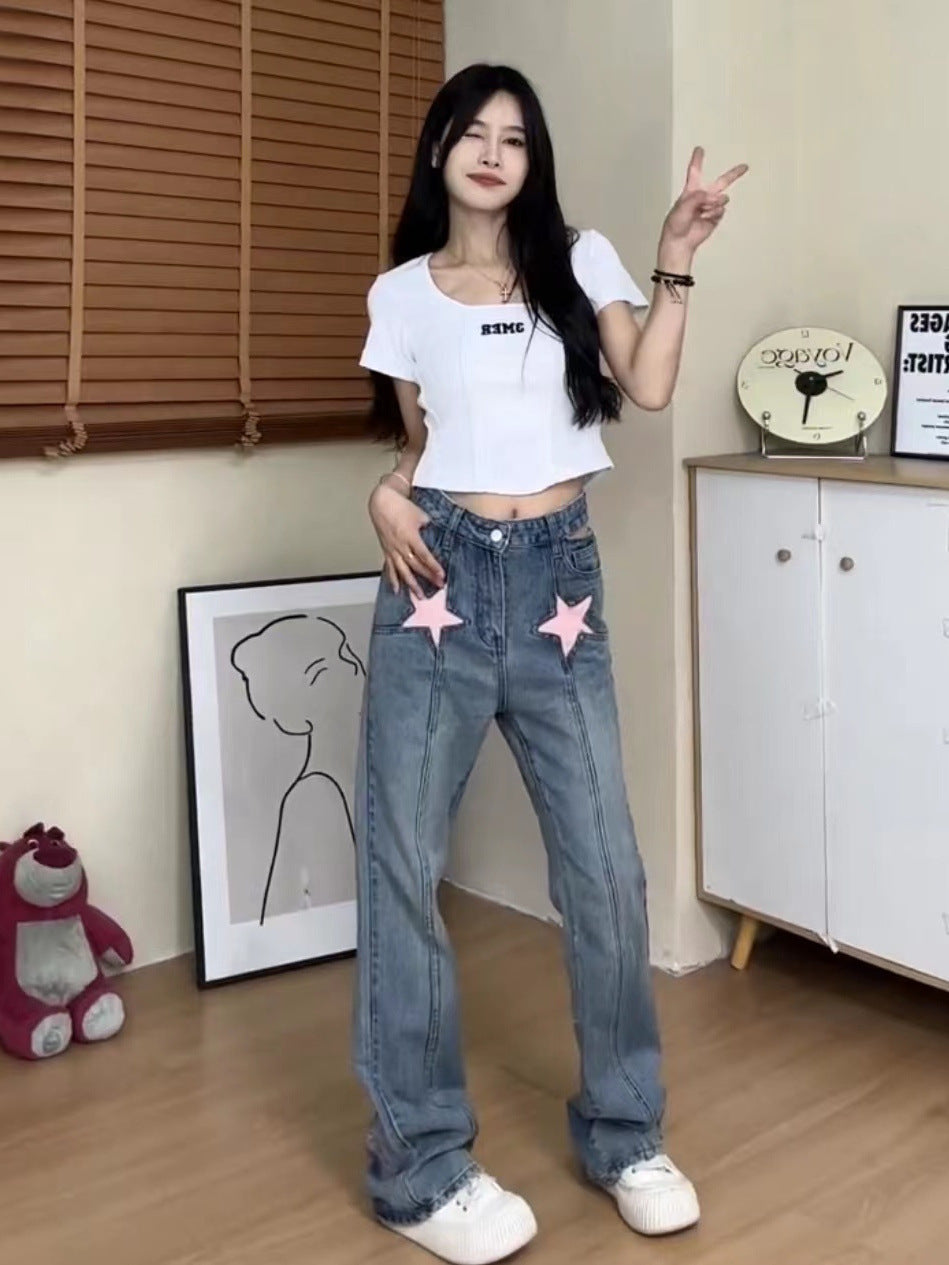 Design Sense XINGX Printed High Waist Hollow-out Jeans For Women Design Sense XINGX Printed High Waist Hollow-out Jeans For Women