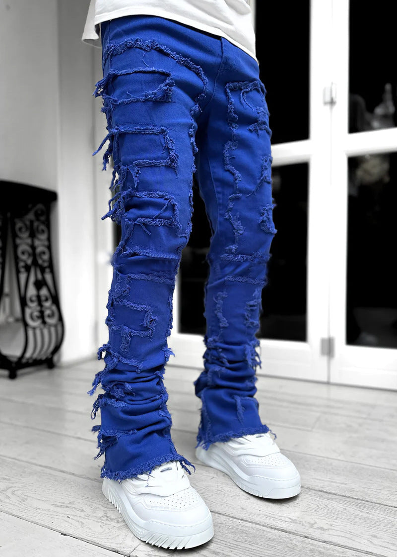 Men Trousers Individual Patched Pants Long Tight Fit Stacked Jeans For Mens Clothing Men Trousers Individual Patched Pants Long Tight Fit Stacked Jeans For Mens Clothing