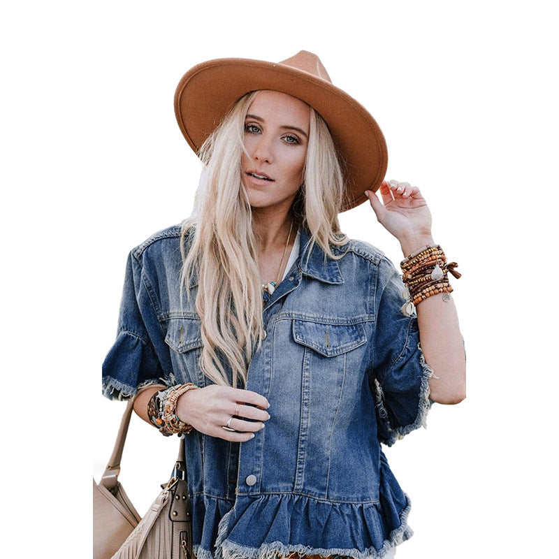 Ruffled Short Sleeves Tops For Women Loose Denim Jacket Ruffled Short Sleeves Tops For Women Loose Denim Jacket