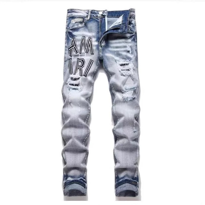 Punk Retro Blue Ripped Slim Elastic Printing Printing And Dyeing Feet Men's Jeans Punk Retro Blue Ripped Slim Elastic Printing Printing And Dyeing Feet Men's Jeans