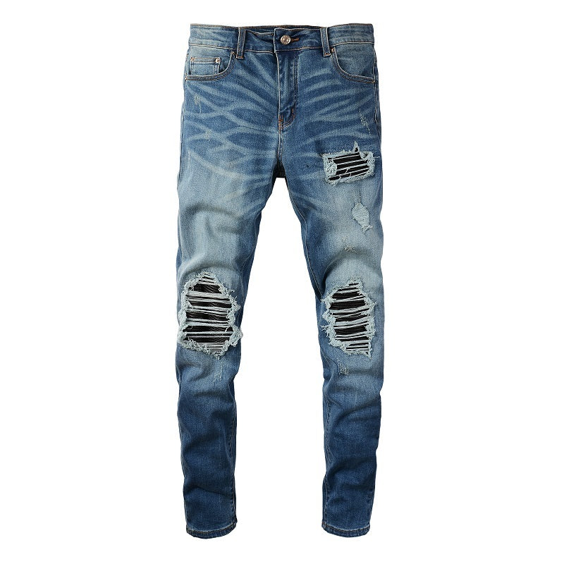 Leather Patching, Slimming, Worn-out Washed Jeans For Men Leather Patching, Slimming, Worn-out Washed Jeans For Men