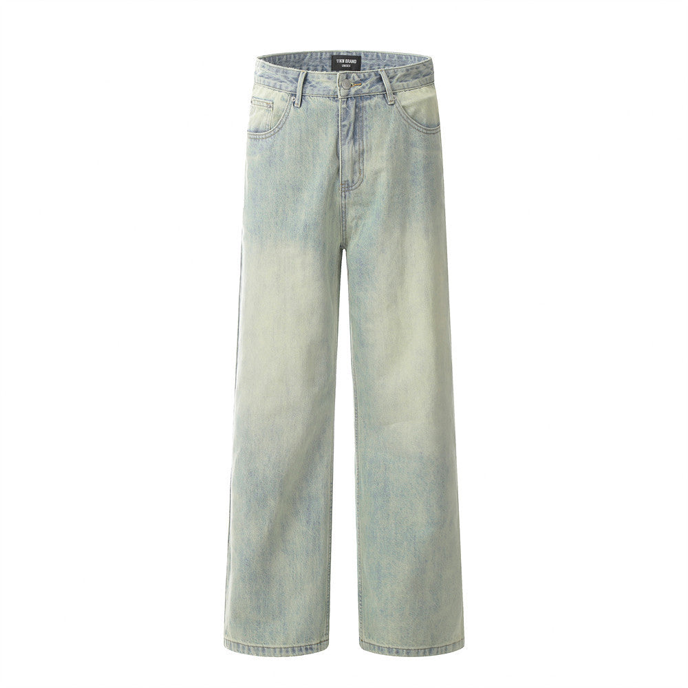 Punk Distressed Yellow Mud Dyed Straight Jeans Men Punk Distressed Yellow Mud Dyed Straight Jeans Men