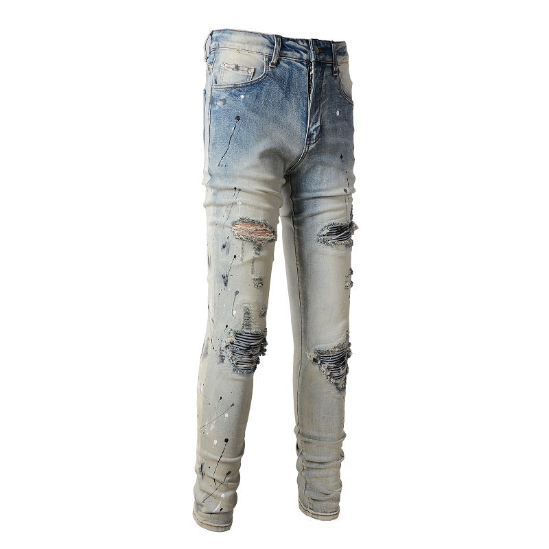 Light Colored Paint Splashing Ink Making Old Washed Jeans For Men Light Colored Paint Splashing Ink Making Old Washed Jeans For Men