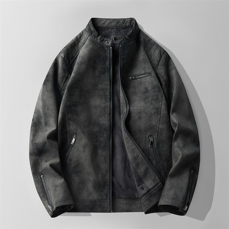 Men's Fleece-lined Slim Fit Handsome Motorcycle Clothing Stand Collar Leather Jacket Men's Fleece-lined Slim Fit Handsome Motorcycle Clothing Stand Collar Leather Jacket