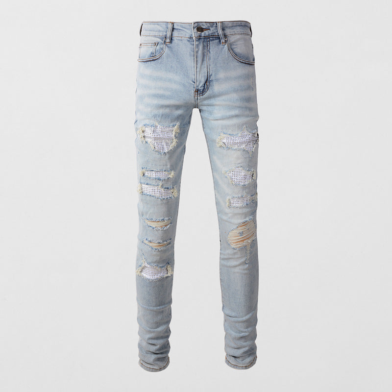 Light Colored Hot Diamond Patch With Holes In Elastic Tight Jeans For Men Light Colored Hot Diamond Patch With Holes In Elastic Tight Jeans For Men