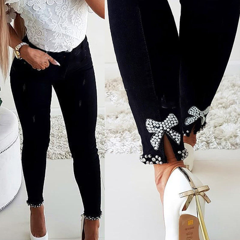 Slim Jeans Women Butterfly Sticky Flower Beaded Split Trousers Slim Jeans Women Butterfly Sticky Flower Beaded Split Trousers