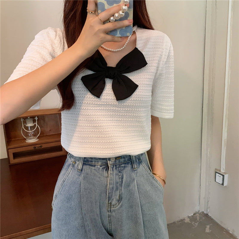 Sweet Turtleneck Round Neck Pearl Accessories Short Sleeve Sweater Bowknot Top Women Sweet Turtleneck Round Neck Pearl Accessories Short Sleeve Sweater Bowknot Top Women