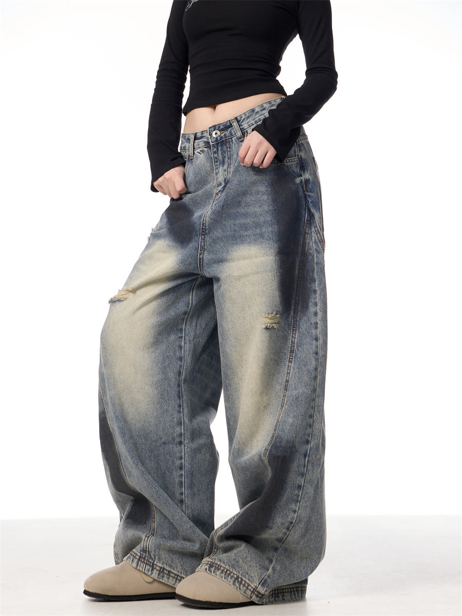 Splash Ink Ripped Machete Jeans For Women Loose-fitting Wide-leg Trousers Splash Ink Ripped Machete Jeans For Women Loose-fitting Wide-leg Trousers