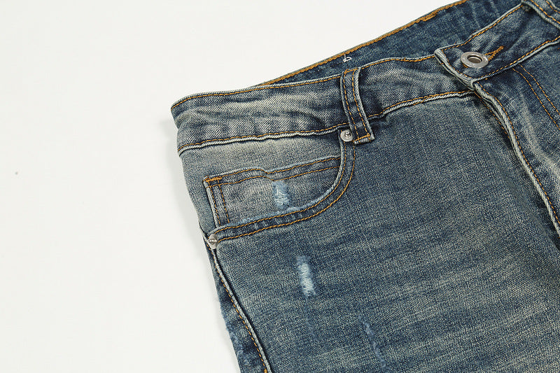 Distressed Slim-fit Jeans With Zipper Straight Pants Distressed Slim-fit Jeans With Zipper Straight Pants