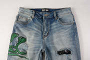 Pleated Color Matching Jeans Blue Embroidered Ripped Snakeskin Slim Fit Skinny Men Pleated Color Matching Jeans Blue Embroidered Ripped Snakeskin Slim Fit Skinny Men