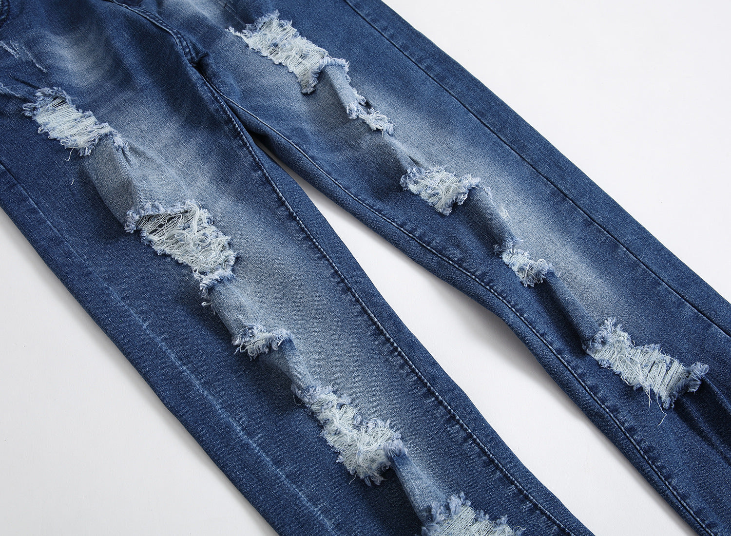 Multi-holes, Blue Elastic Men's Jeans Slim-fitting Small Straight Multi-holes, Blue Elastic Men's Jeans Slim-fitting Small Straight