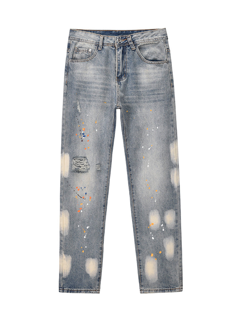 Knife Cut Ink Paint Straight Loose Jeans Men Knife Cut Ink Paint Straight Loose Jeans Men