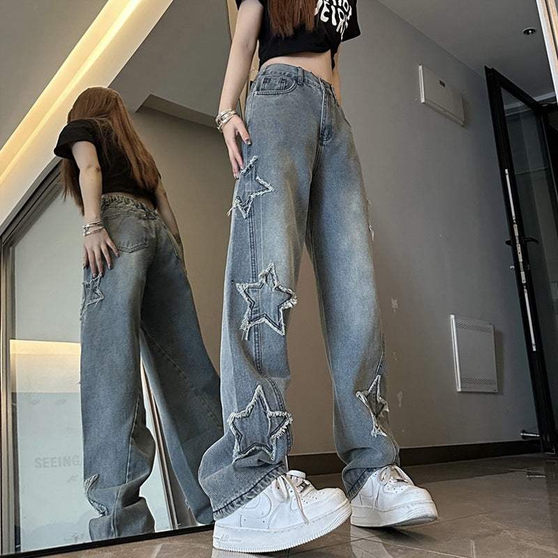 Blue XINGX Embroidered Jeans Women Loose Straight-leg Wide-leg Pants Blue XINGX Embroidered Jeans Women Loose Straight-leg Wide-leg Pants
