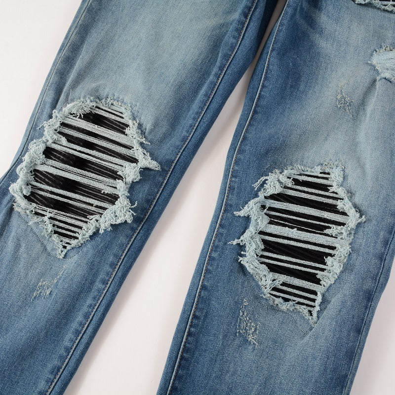 Leather Patching, Slimming, Worn-out Washed Jeans For Men Leather Patching, Slimming, Worn-out Washed Jeans For Men