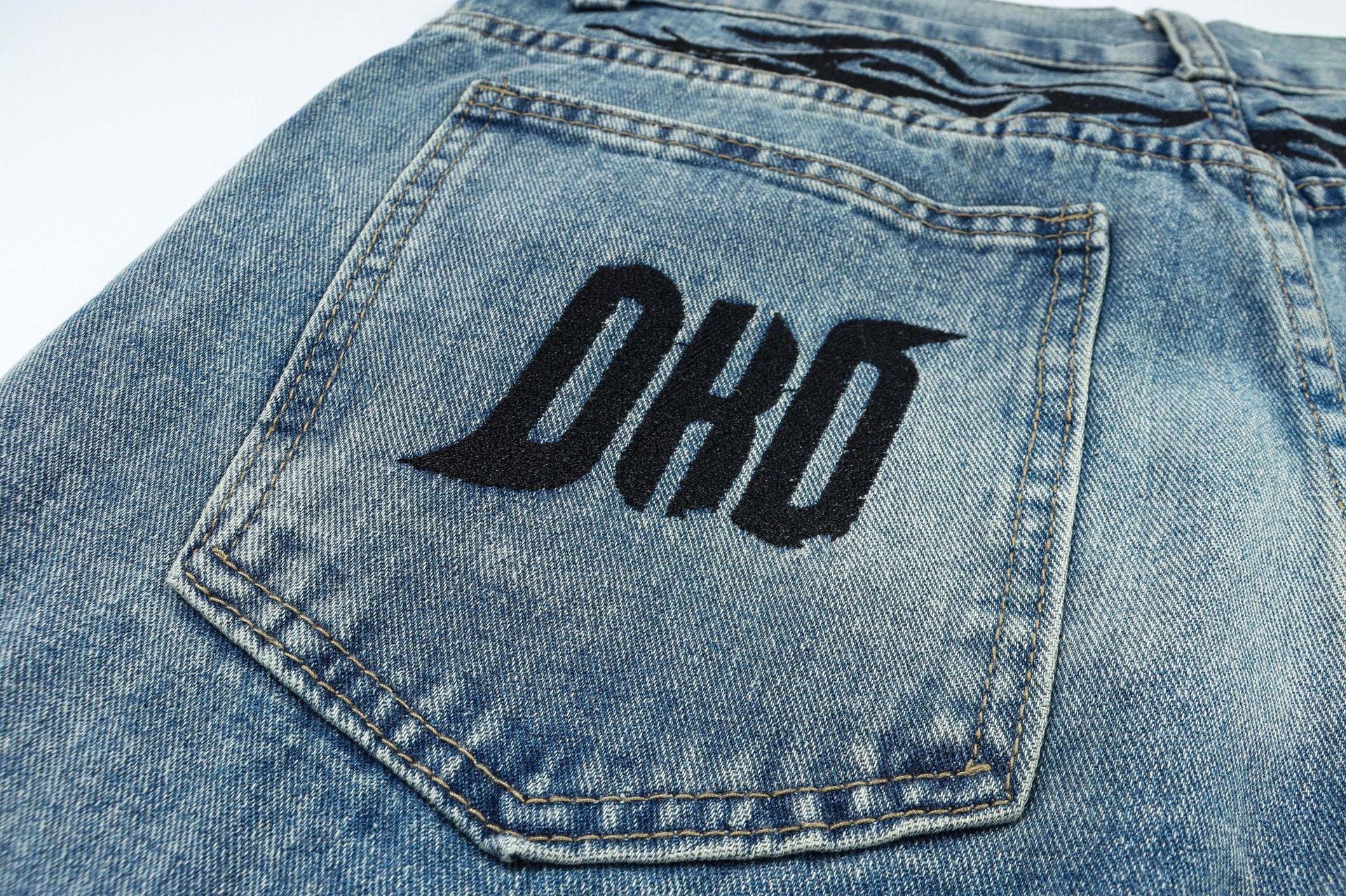 High Street American Patch Flame Letter Embroidered Jeans Men High Street American Patch Flame Letter Embroidered Jeans Men