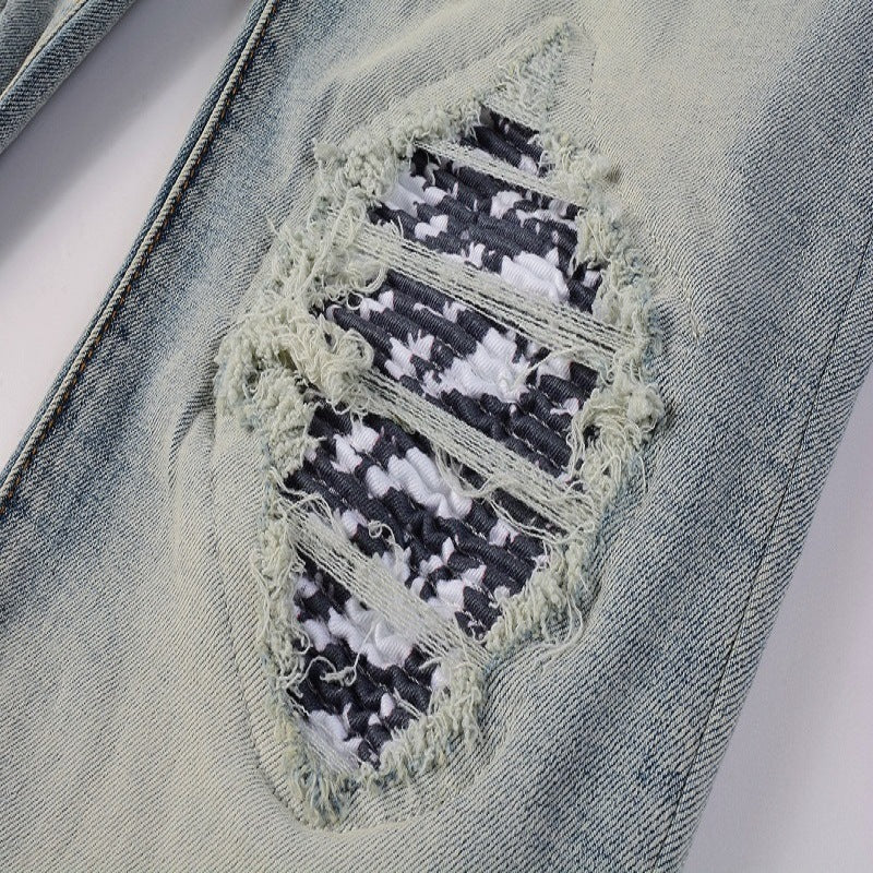 American High Street Fashionable Men's Ripped Black And White Patch Jeans American High Street Fashionable Men's Ripped Black And White Patch Jeans
