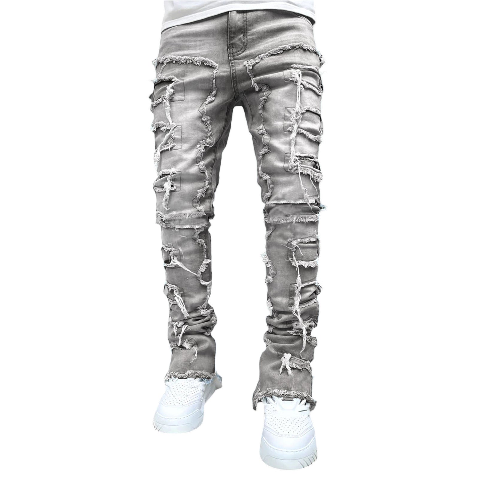 Men Trousers Individual Patched Pants Long Tight Fit Stacked Jeans For Mens Clothing Men Trousers Individual Patched Pants Long Tight Fit Stacked Jeans For Mens Clothing