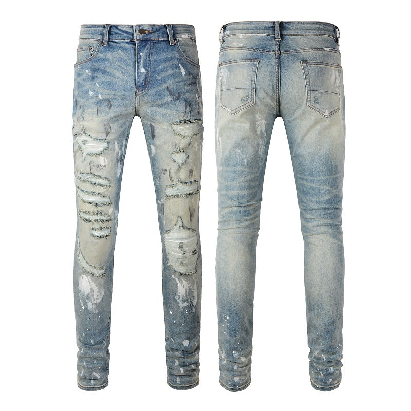 Torn Graffiti Old Wash Stretchy Slim Jeans Men Torn Graffiti Old Wash Stretchy Slim Jeans Men