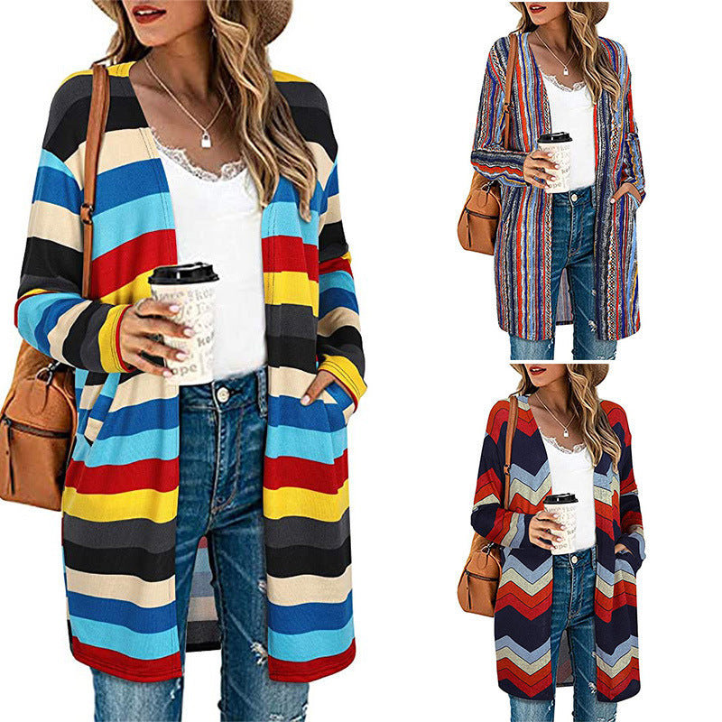 European And American Women's Jackets Striped Print Women's Cardigan Top European And American Women's Jackets Striped Print Women's Cardigan Top