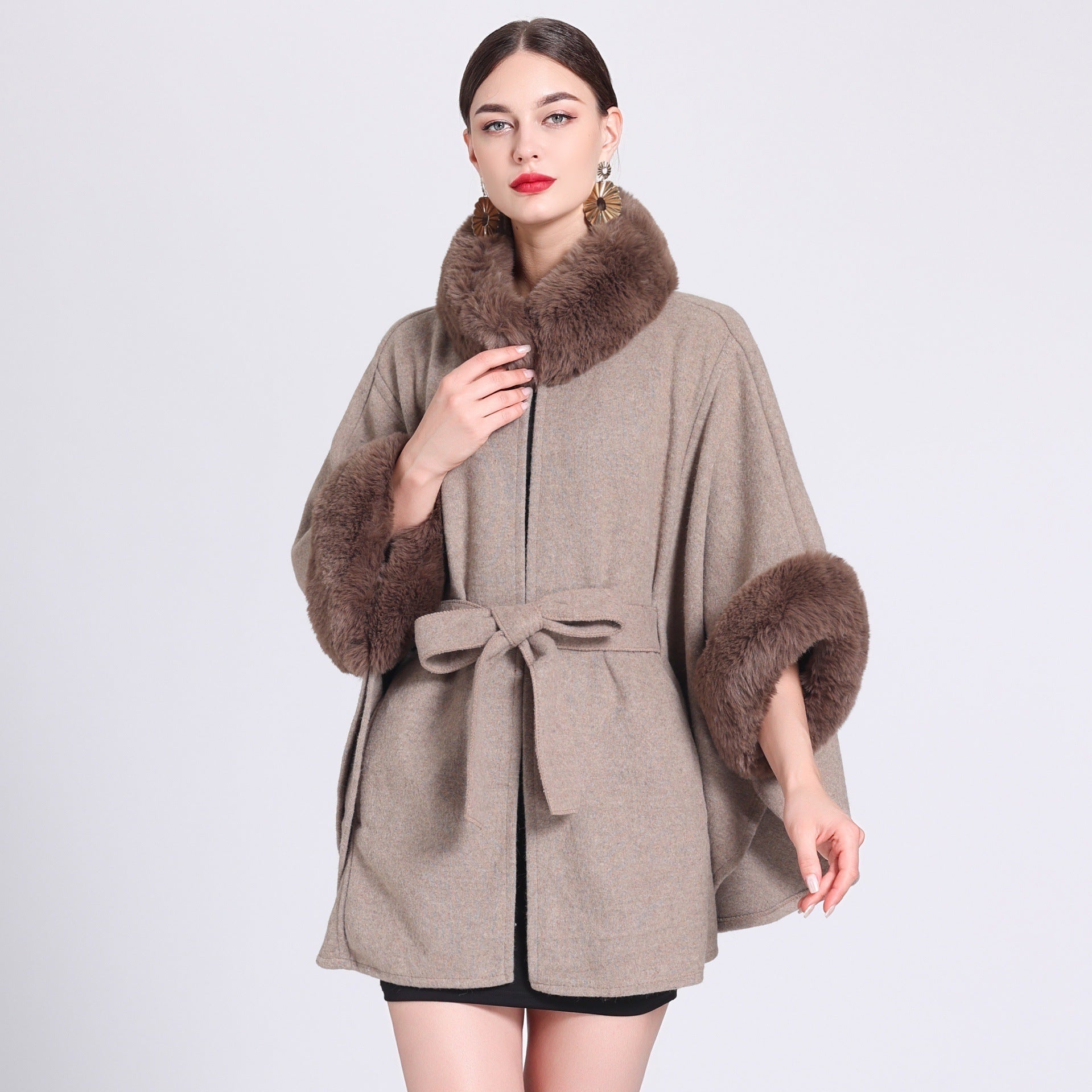 Rabbit Fur Collar Knitted Shawl Cape Lace-up Woolen Coat Rabbit Fur Collar Knitted Shawl Cape Lace-up Woolen Coat