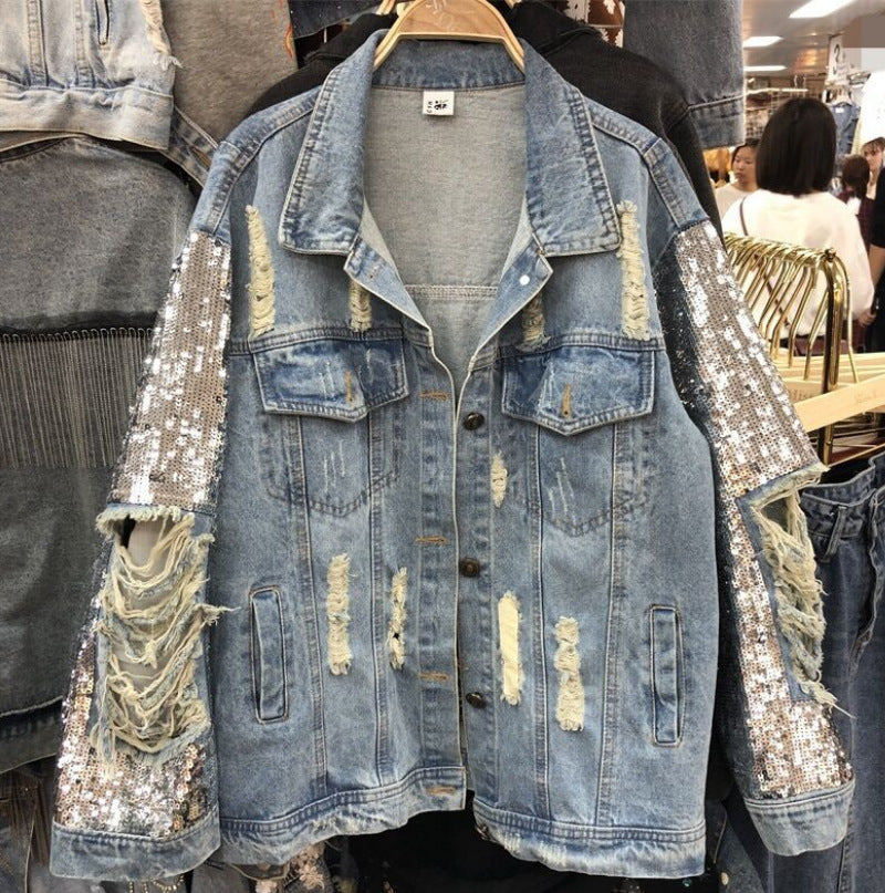 Heavy Industry Sequined Denim Jacket Women Loose Heavy Industry Sequined Denim Jacket Women Loose