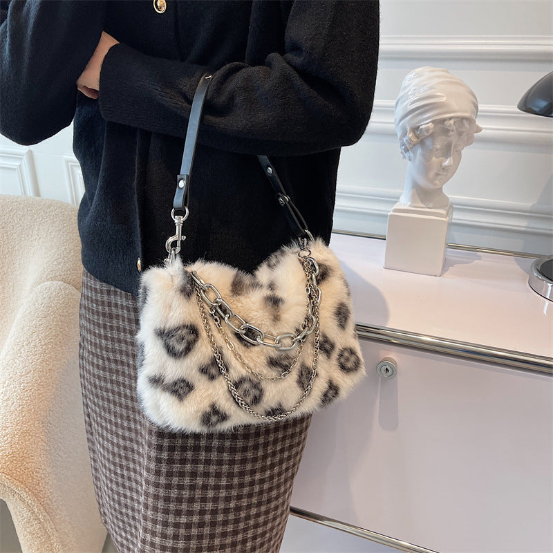 Winter Plush Bags Chain Shoulder Bag Women Flowers Print Handbags Winter Plush Bags Chain Shoulder Bag Women Flowers Print Handbags