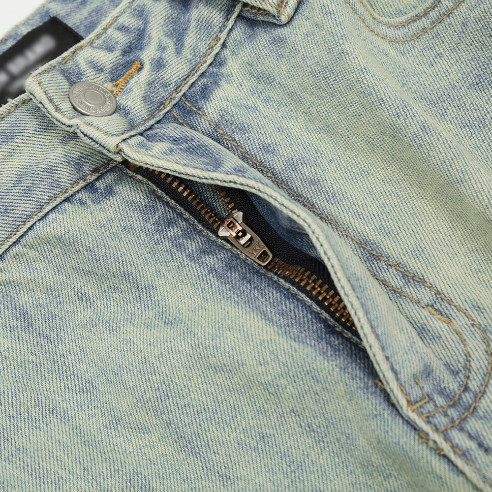 Punk Distressed Yellow Mud Dyed Straight Jeans Men Punk Distressed Yellow Mud Dyed Straight Jeans Men