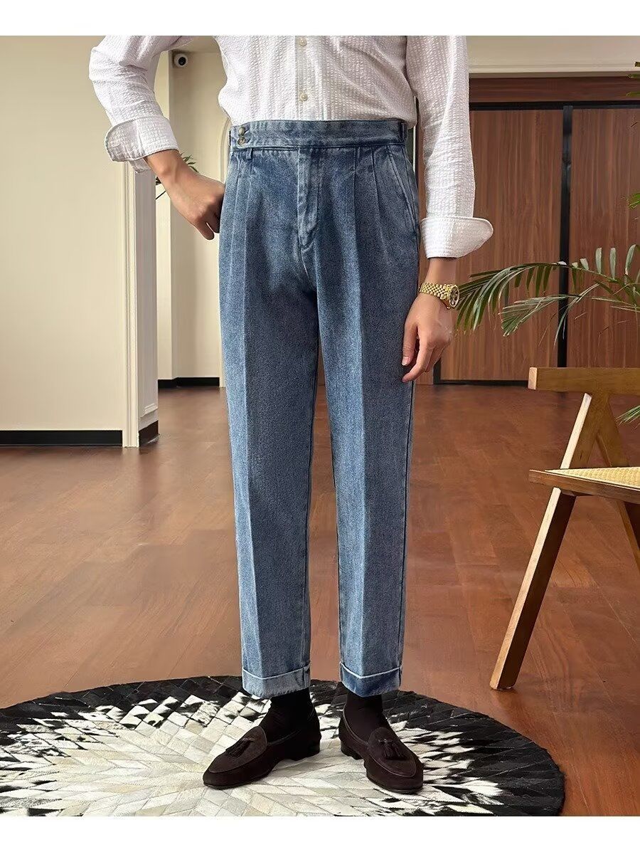 British High Waist Men's Italian Business Denim Curling Suit Pants British High Waist Men's Italian Business Denim Curling Suit Pants