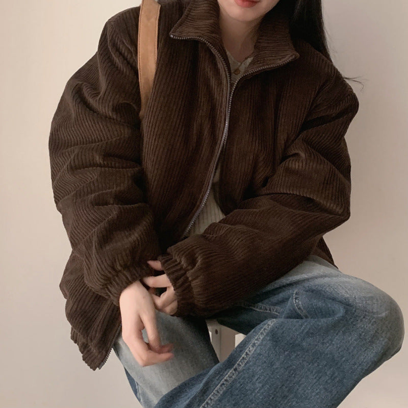 Lapel Sunken Stripe Design Loose Corduroy Cotton-padded Short Coat For Women Lapel Sunken Stripe Design Loose Corduroy Cotton-padded Short Coat For Women