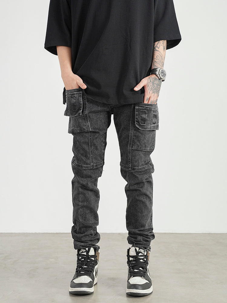 High Street Three-dimensional Pocket Stitching Slim Stretch Jeans Men High Street Three-dimensional Pocket Stitching Slim Stretch Jeans Men