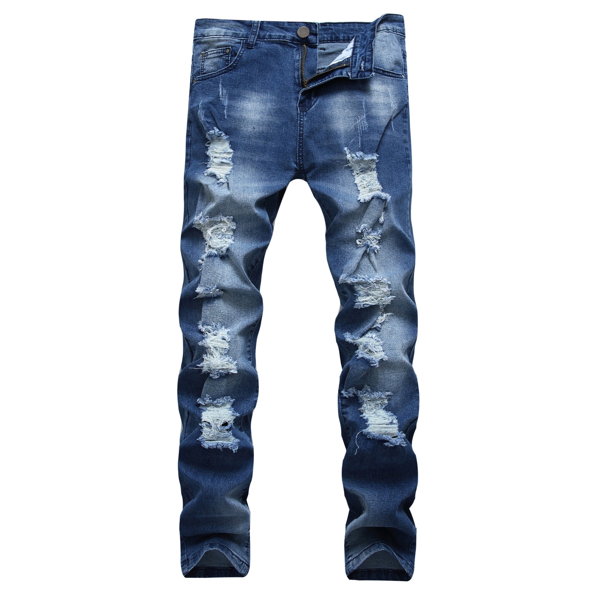 Multi-holes, Blue Elastic Men's Jeans Slim-fitting Small Straight Multi-holes, Blue Elastic Men's Jeans Slim-fitting Small Straight