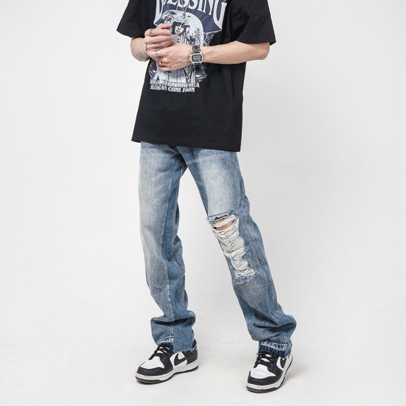 Men's Straight Loose Hole Jeans Men's Straight Loose Hole Jeans