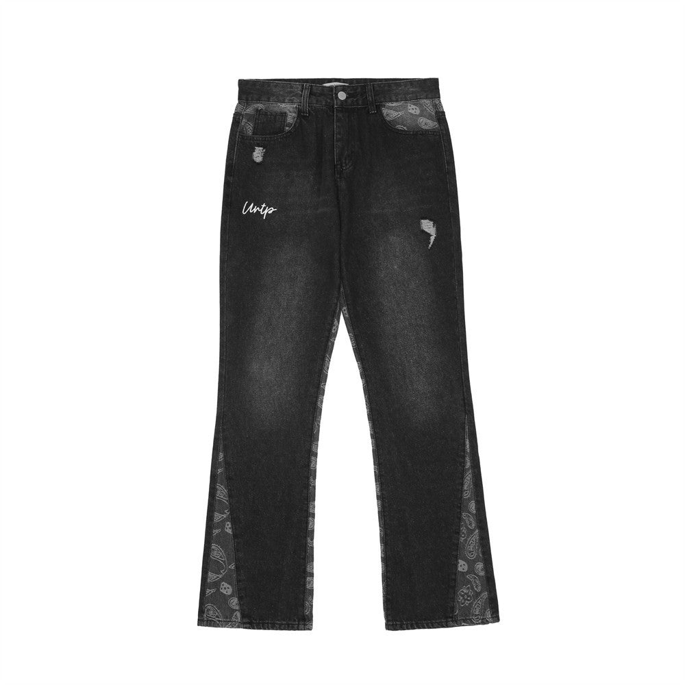 Cashew Flower Patchwork Washed Jeans For Men Cashew Flower Patchwork Washed Jeans For Men