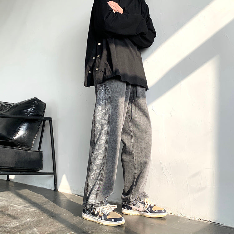 Retro Jeans Ins Men and Women Stitching Cashew Jacquard Loose Wide-leg Straight Pants Drawstring Trousers Tide Retro Jeans Ins Men and Women Stitching Cashew Jacquard Loose Wide-leg Straight Pants Drawstring Trousers Tide