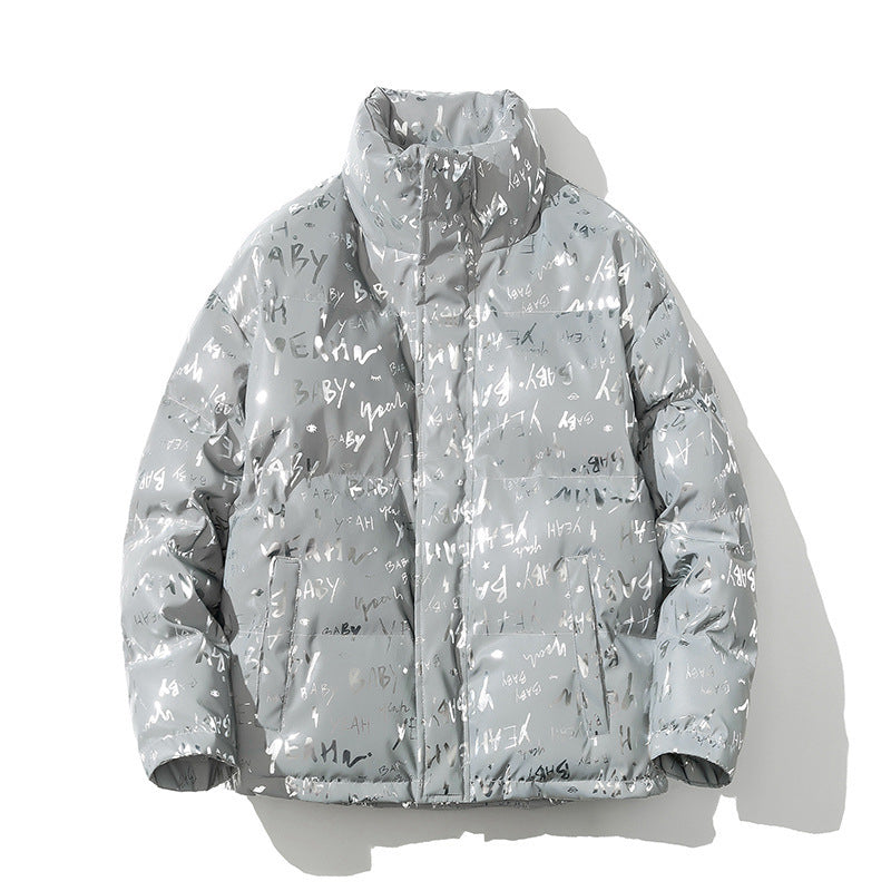 Men's Fashionable Stand Collar Reflective Letter Padded Jacket Men's Fashionable Stand Collar Reflective Letter Padded Jacket