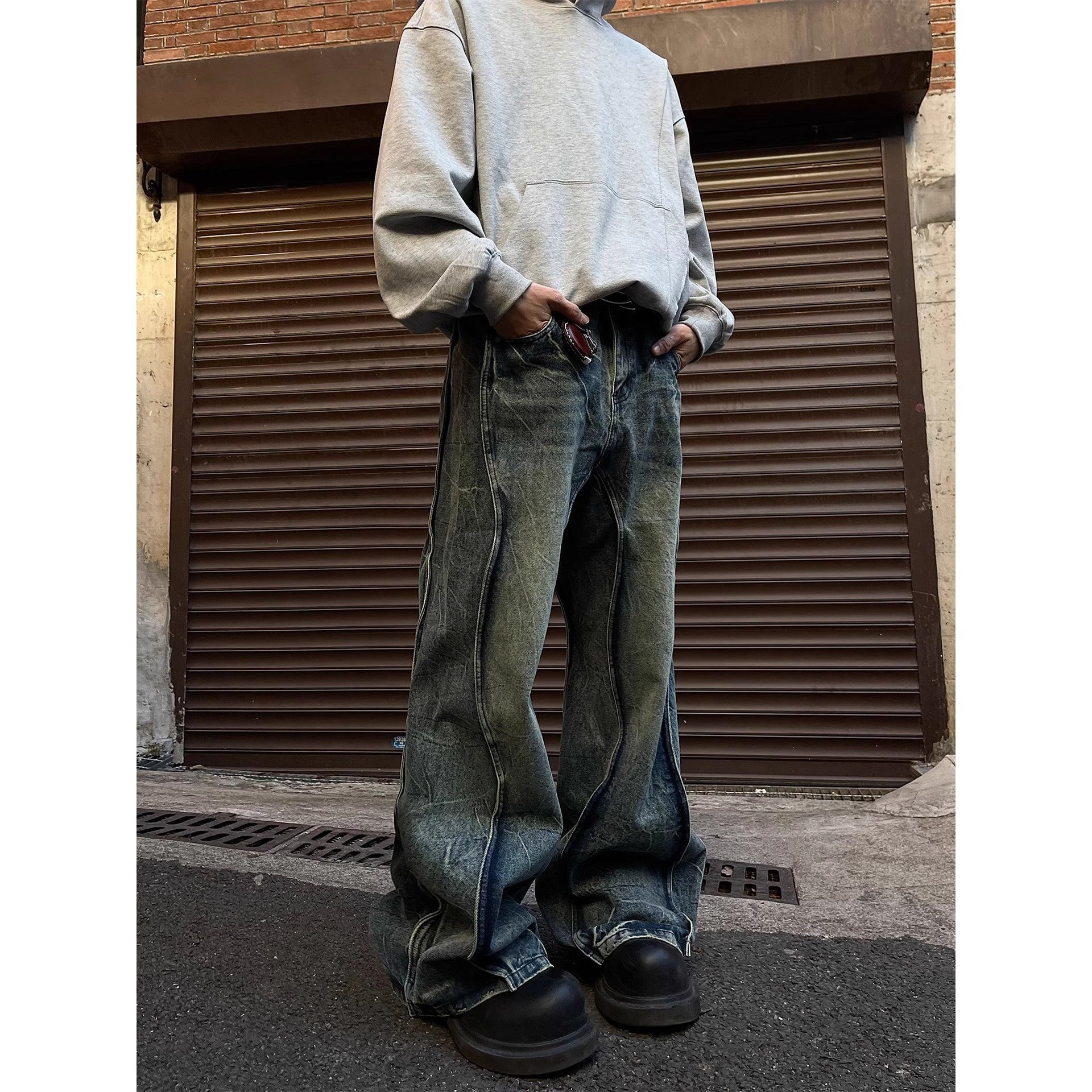Lightning Pattern Straight Loose Casual American Street Stitching Profile Jeans Men Lightning Pattern Straight Loose Casual American Street Stitching Profile Jeans Men