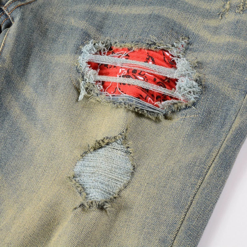 Red Printed Pleated Elastic Light Colored Jeans For Men Red Printed Pleated Elastic Light Colored Jeans For Men