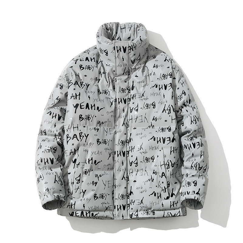 Men's Fashionable Stand Collar Reflective Letter Padded Jacket Men's Fashionable Stand Collar Reflective Letter Padded Jacket