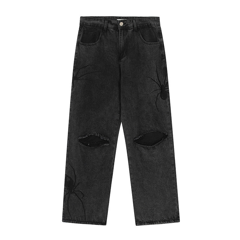 Dark Spider Embroidery Ripped Jeans For Men Dark Spider Embroidery Ripped Jeans For Men