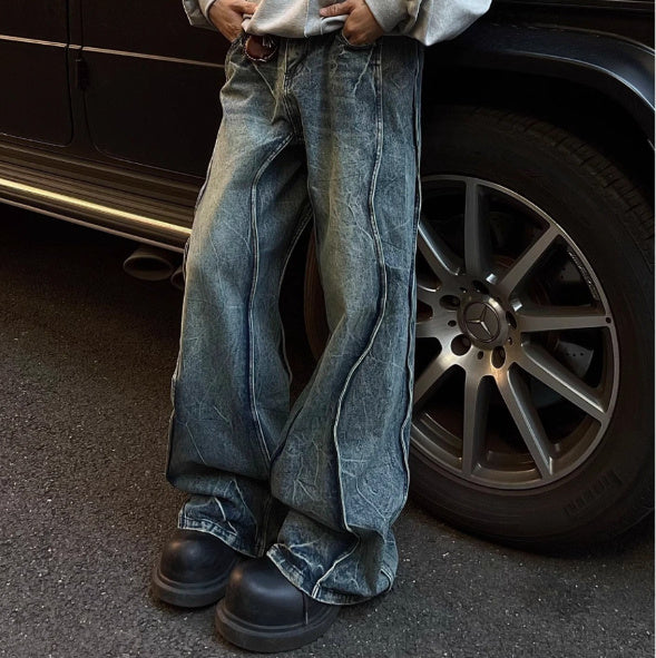 Lightning Pattern Straight Loose Casual American Street Stitching Profile Jeans Men Lightning Pattern Straight Loose Casual American Street Stitching Profile Jeans Men