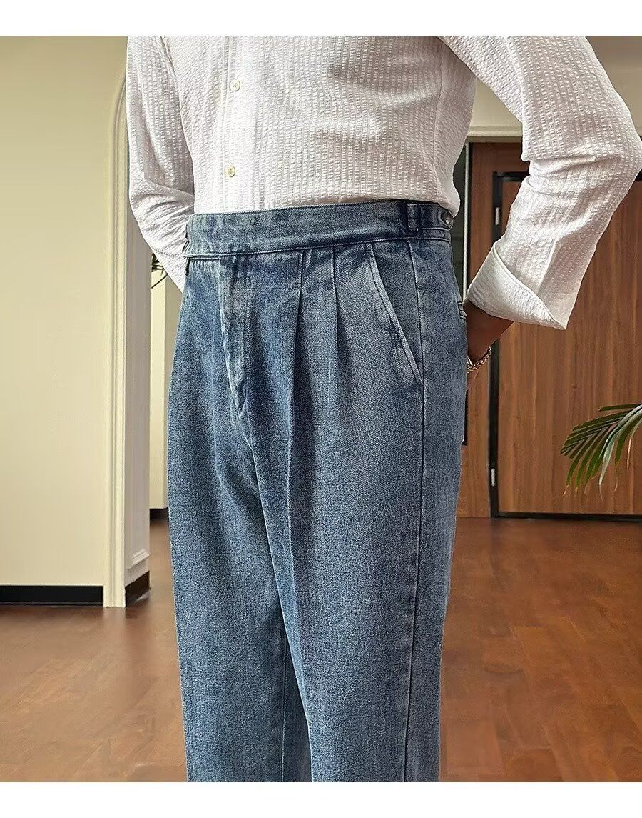 British High Waist Men's Italian Business Denim Curling Suit Pants British High Waist Men's Italian Business Denim Curling Suit Pants