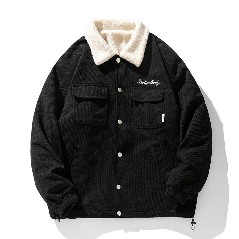 Embroidered Loose Thick Lambswool Lapel Cotton Coat Jacket Embroidered Loose Thick Lambswool Lapel Cotton Coat Jacket