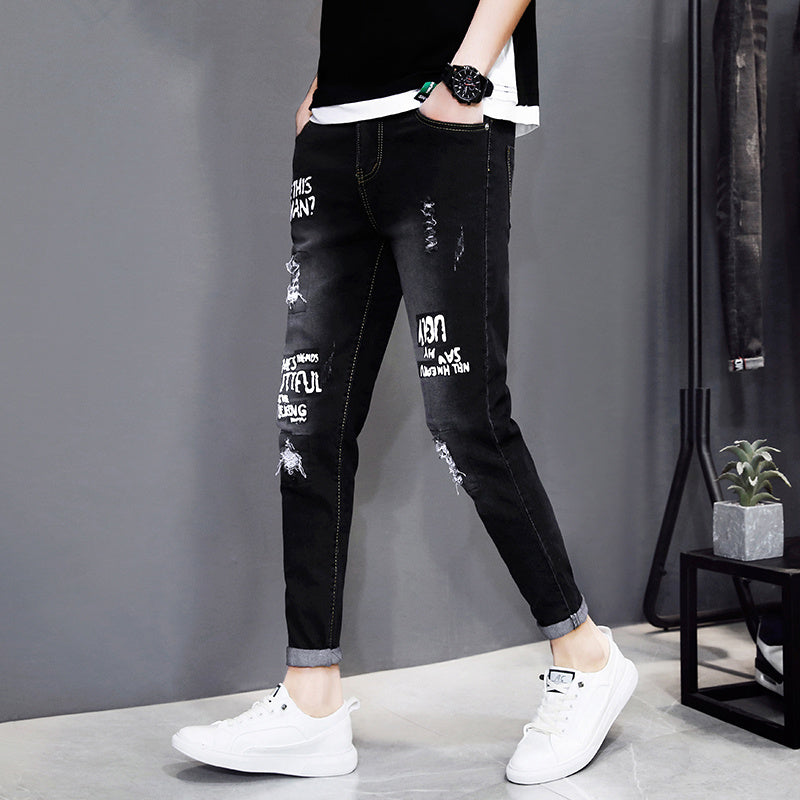 Autumn black ripped ankle jeans men Autumn black ripped ankle jeans men